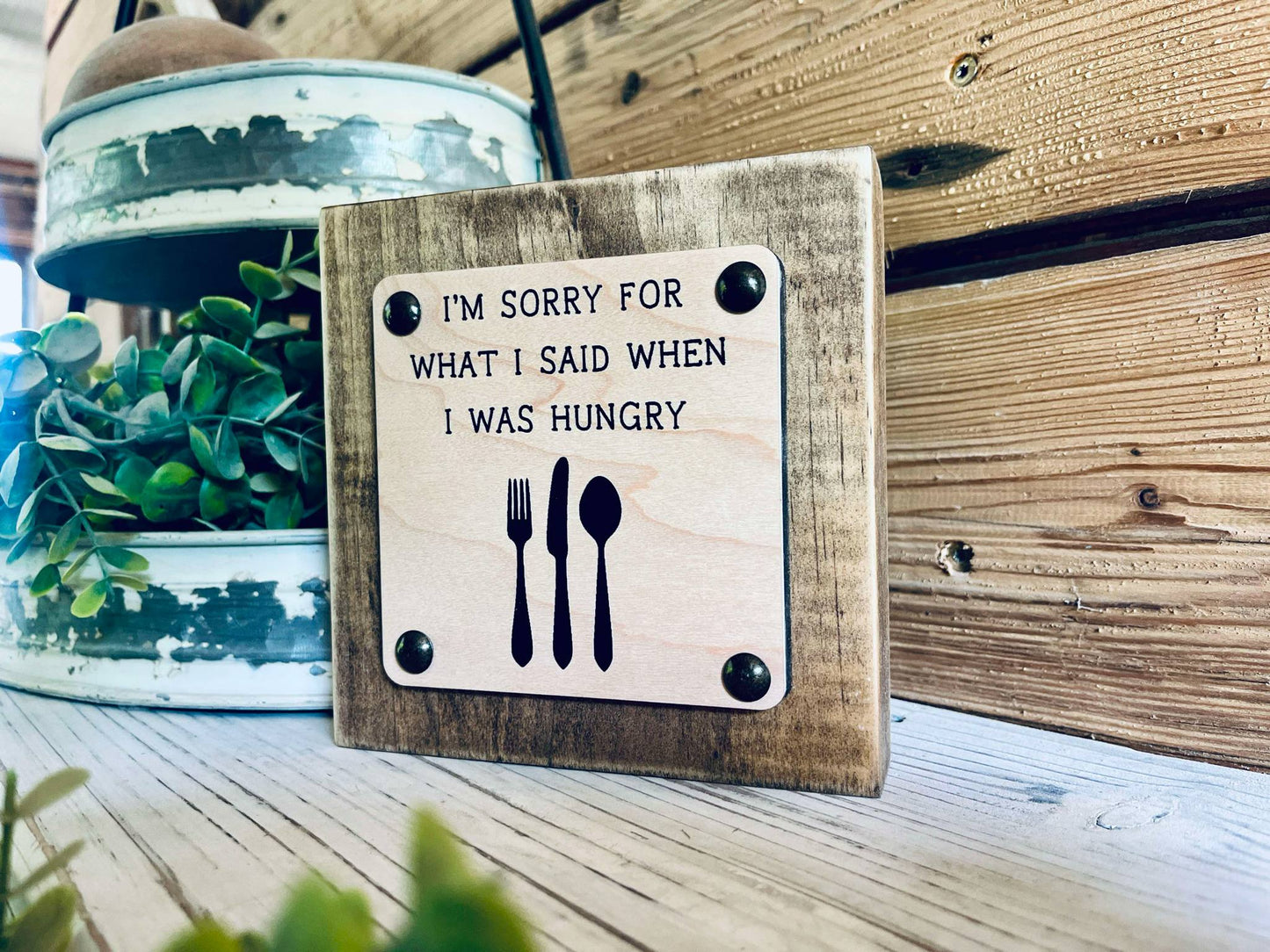 Funny Kitchen Shelf Sign | I'm Sorry for What I Said When I Was Hungry | Farmhouse Chic Home Decor | Wood Sign with Utensils | Funny Foodie Gift | Kitchen Wall Art
