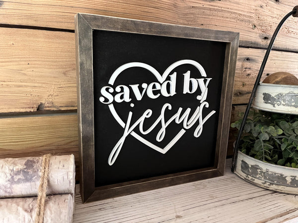 Saved by Jesus Christian Square Sign | Farmhouse Home Decor | Christian Wall Art