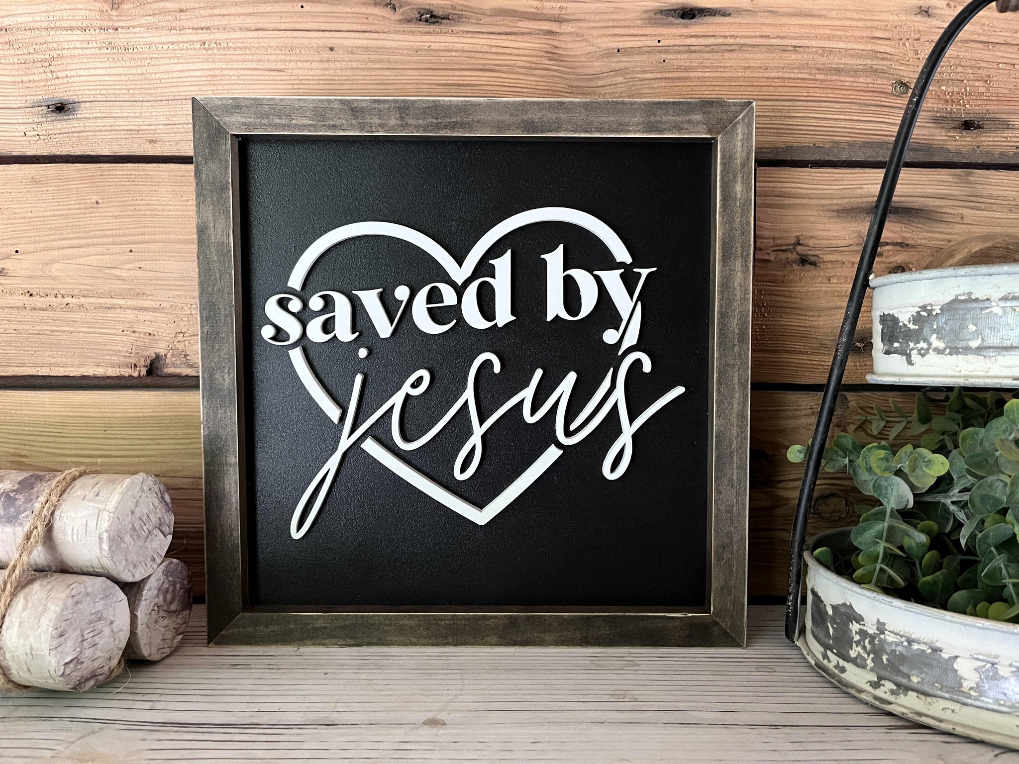 Saved by Jesus Christian Square Sign | Farmhouse Home Decor | Christian Wall Art
