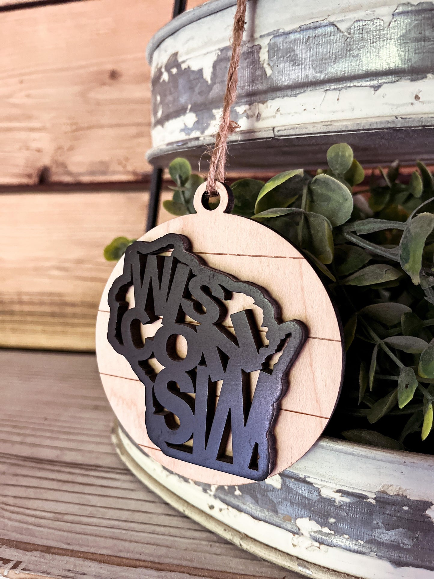 Wisconsin Christmas Ornament | Wisconsin Round Shiplap Background