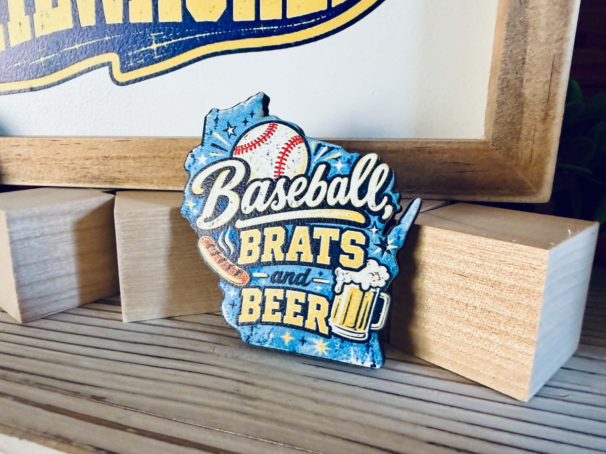 Wisconsin Baseball, Brats & Beer Magnet | Wisconsin Shaped Fridge Magnet | Baseball Fan Gift