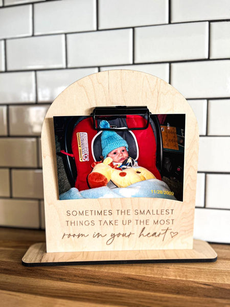 Maple Wood Engraved Shelf Decor - 10" Tall, 8" Wide, Clipboard Clip to Hold Picture, Handcrafted Boho Photo Sign, Laser Engraved Gift for Mom, Arched Design