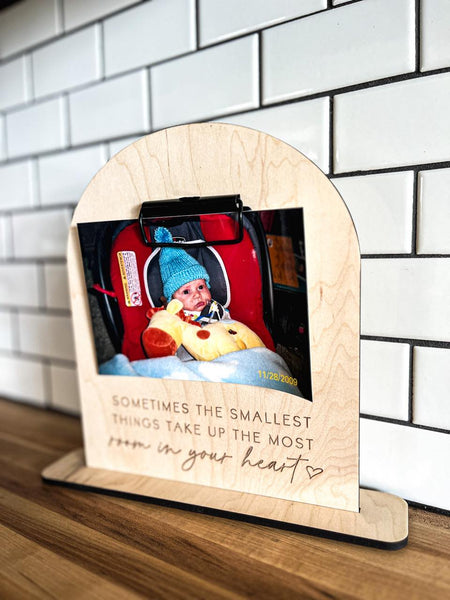 Maple Wood Engraved Shelf Decor - 10" Tall, 8" Wide, Clipboard Clip to Hold Picture, Handcrafted Boho Photo Sign, Laser Engraved Gift for Mom, Arched Design