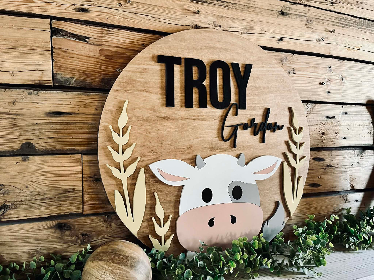 Personalized Cow Nursery Name Sign – Round Wood Wall Decor