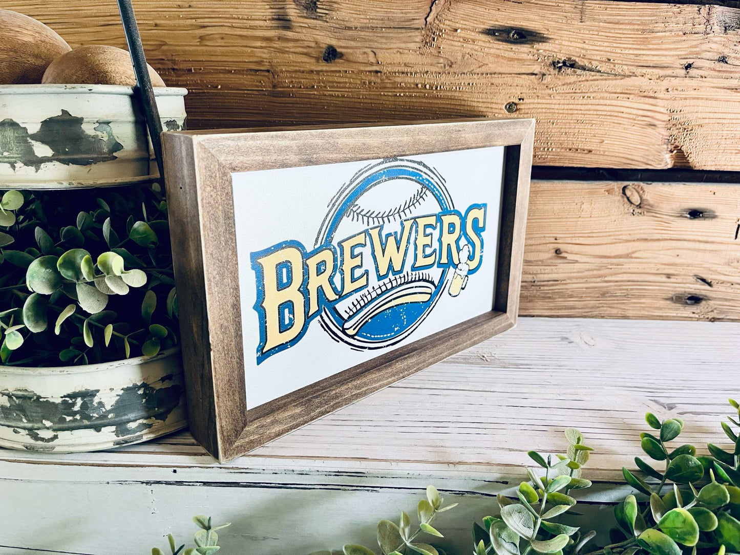 Farmhouse Baseball Wall Art – ‘Brewers’ Sign with Beer Mug and Bat Design, Framed Sports Decor for Man Cave or Game Room, Wisconsin Fan Gift