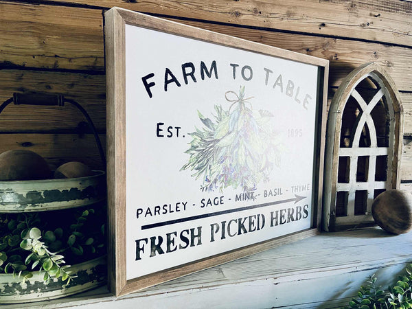 Farm to Table Herb Kitchen Sign Set – Framed Botanical Wall Art – Fresh Picked Herbs, Parsley Sage Mint Basil Thyme – Rustic Farmhouse Kitchen Decor