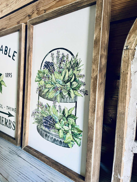 Farm to Table Herb Kitchen Sign Set – Framed Botanical Wall Art – Fresh Picked Herbs, Parsley Sage Mint Basil Thyme – Rustic Farmhouse Kitchen Decor