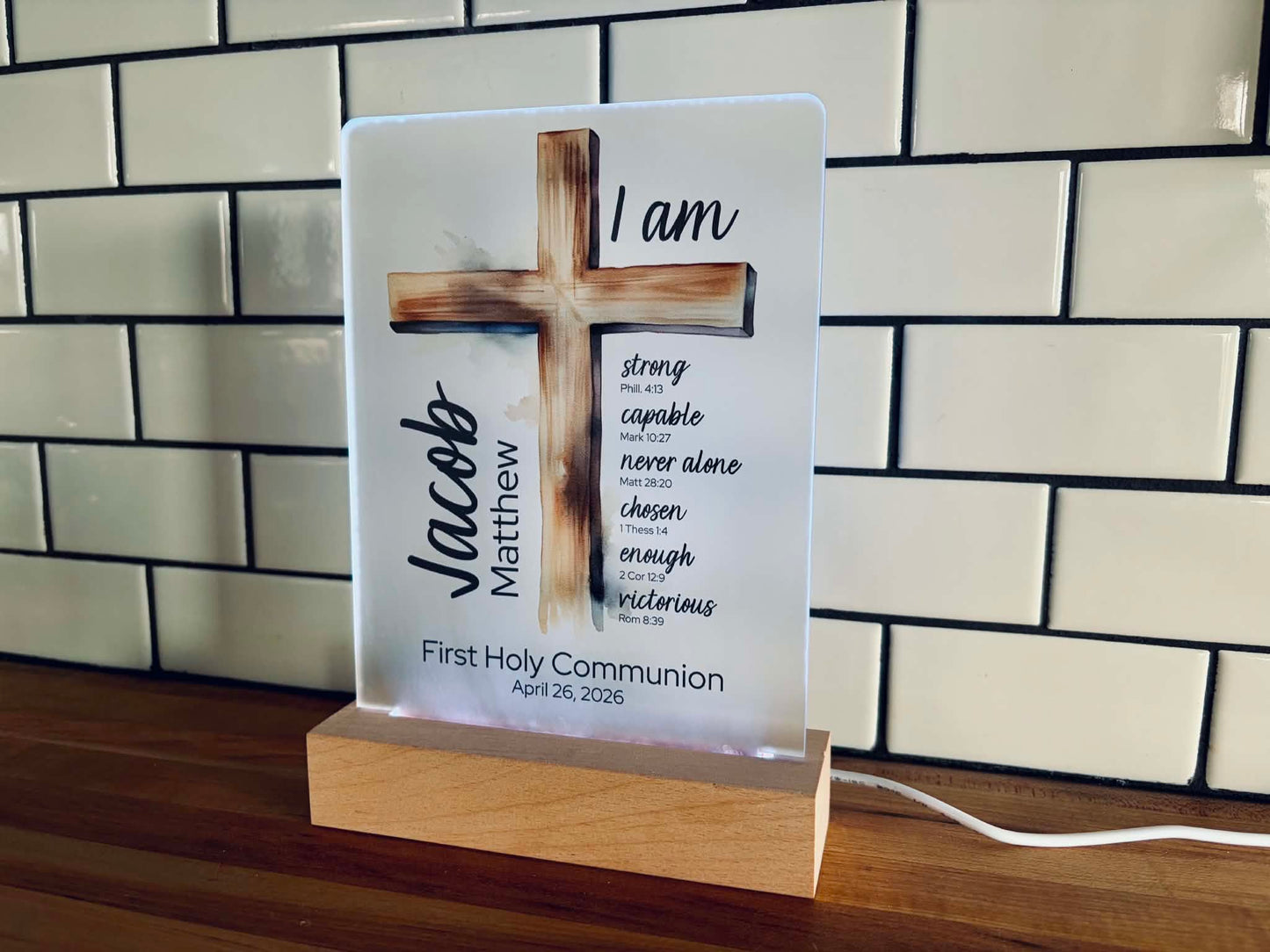 Personalized First Communion Night Light with Name & Bible Verses
