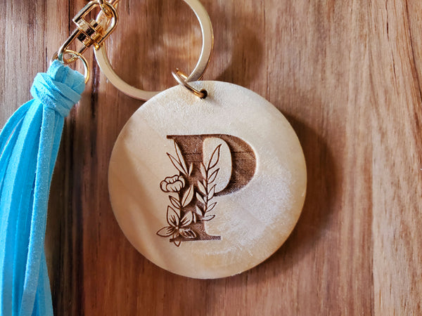 Silicone Bead Wristlet with Flower Initial | Bangle Key Ring with Suede Tassel | Bracelet Keychain | Custom Silicone Bangle Keyring