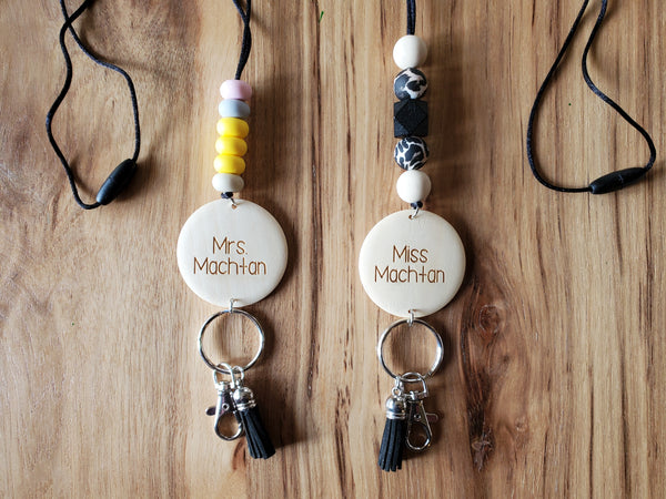 Silicone Bead Lanyard with Engraved Pendant | Lanyard Key Ring with Suede Tassel | Custom Silicone Lanyard Keyring