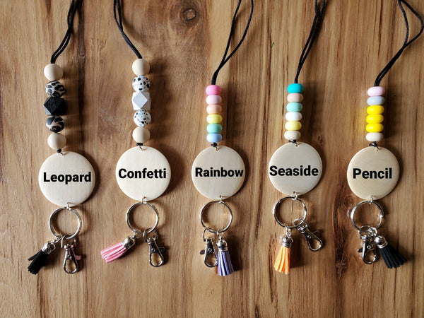 Silicone Bead Lanyard with Engraved Pendant | Lanyard Key Ring with Suede Tassel | Custom Silicone Lanyard Keyring