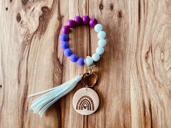 Silicone Bead Wristlet with Flower Initial | Bangle Key Ring with Suede Tassel | Bracelet Keychain | Custom Silicone Bangle Keyring