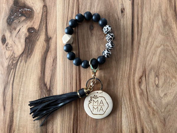 Silicone Bead Wristlet with Flower Initial | Bangle Key Ring with Suede Tassel | Bracelet Keychain | Custom Silicone Bangle Keyring