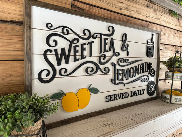 Sweet Tea & Lemonade Sign - Vintage Style Wood Wall Decor - Served Daily - 25¢ - Farmhouse Chic Beverage Bar Sign