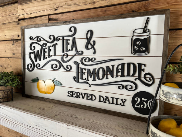 Sweet Tea & Lemonade Sign - Vintage Style Wood Wall Decor - Served Daily - 25¢ - Farmhouse Chic Beverage Bar Sign