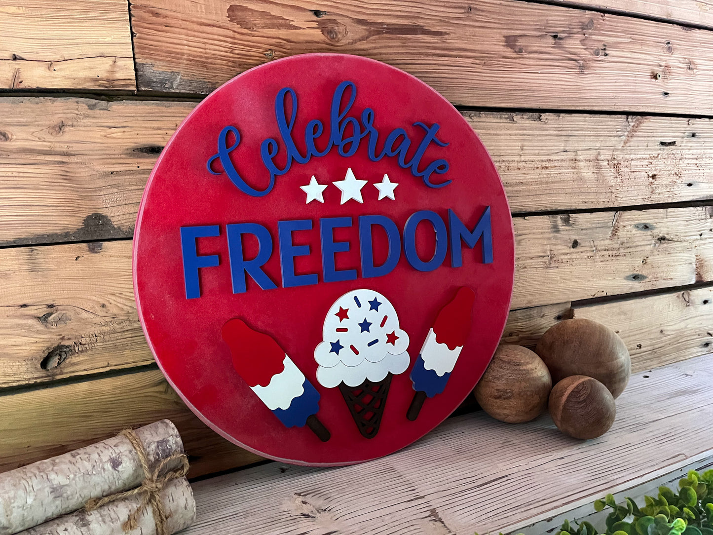 America Celebrate Freedom Round Sign | Patriotic Decor | Round Door Hanger Sign | Patriotic Door Hanger
