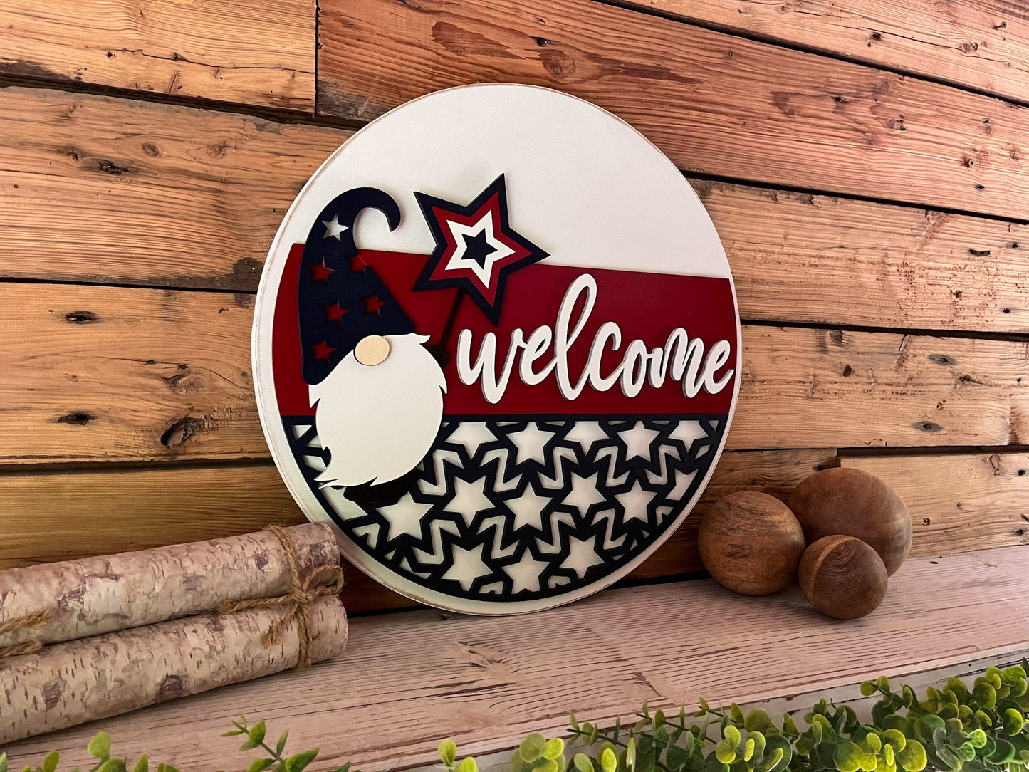 READY TO SHIP - America Welcome Gnome Round Sign | Patriotic Decor | Round Door Hanger Sign | Patriotic Door Hanger