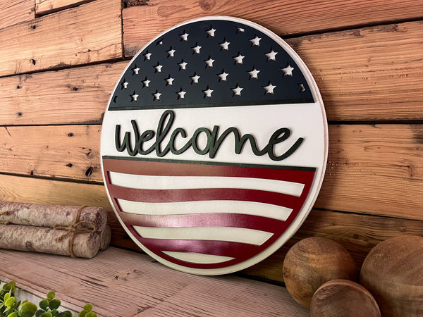 America Welcome Round Sign | Patriotic Decor | Round Door Hanger Sign | Patriotic Door Hanger