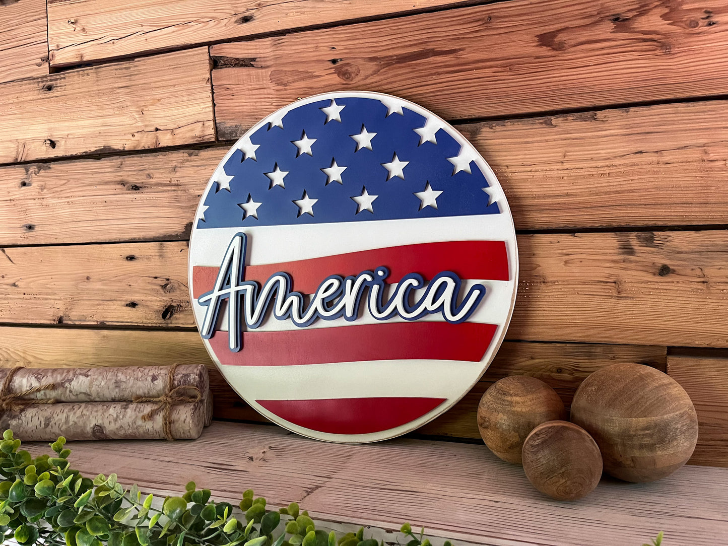 America Flag Round Sign | Patriotic Decor | Round Door Hanger Sign | Patriotic Door Hanger