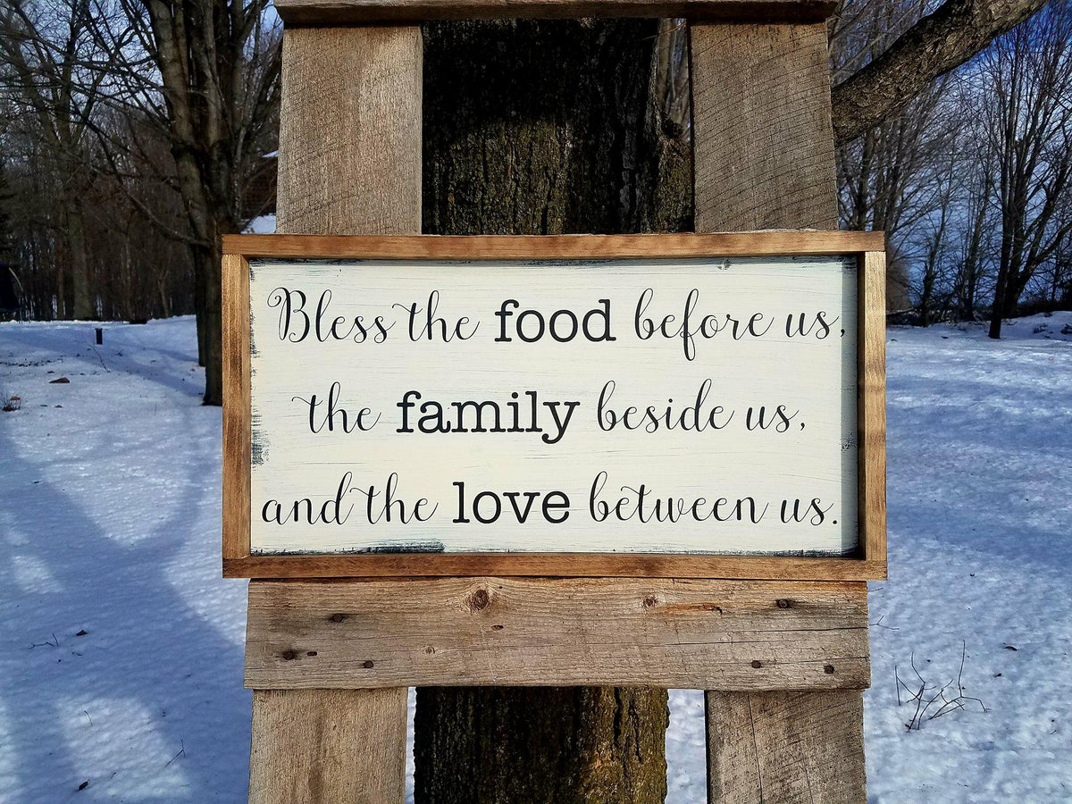 Bless the food before us the good family beside us and the love between us set of 3 wood signs.