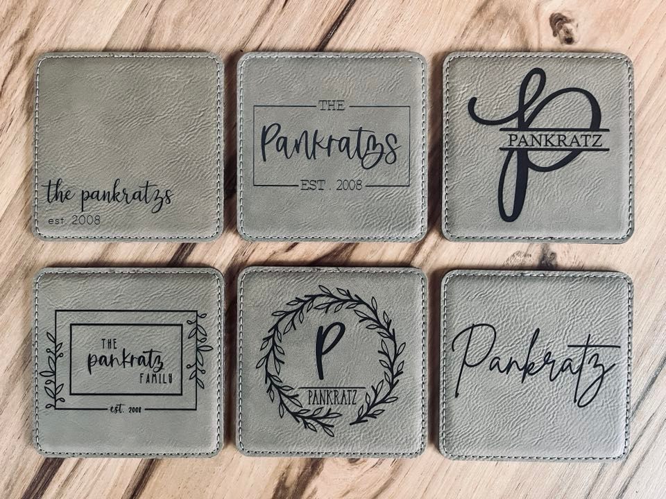 Personalized Coasters | Leather Coasters | Set of 6 Square Leather Coa