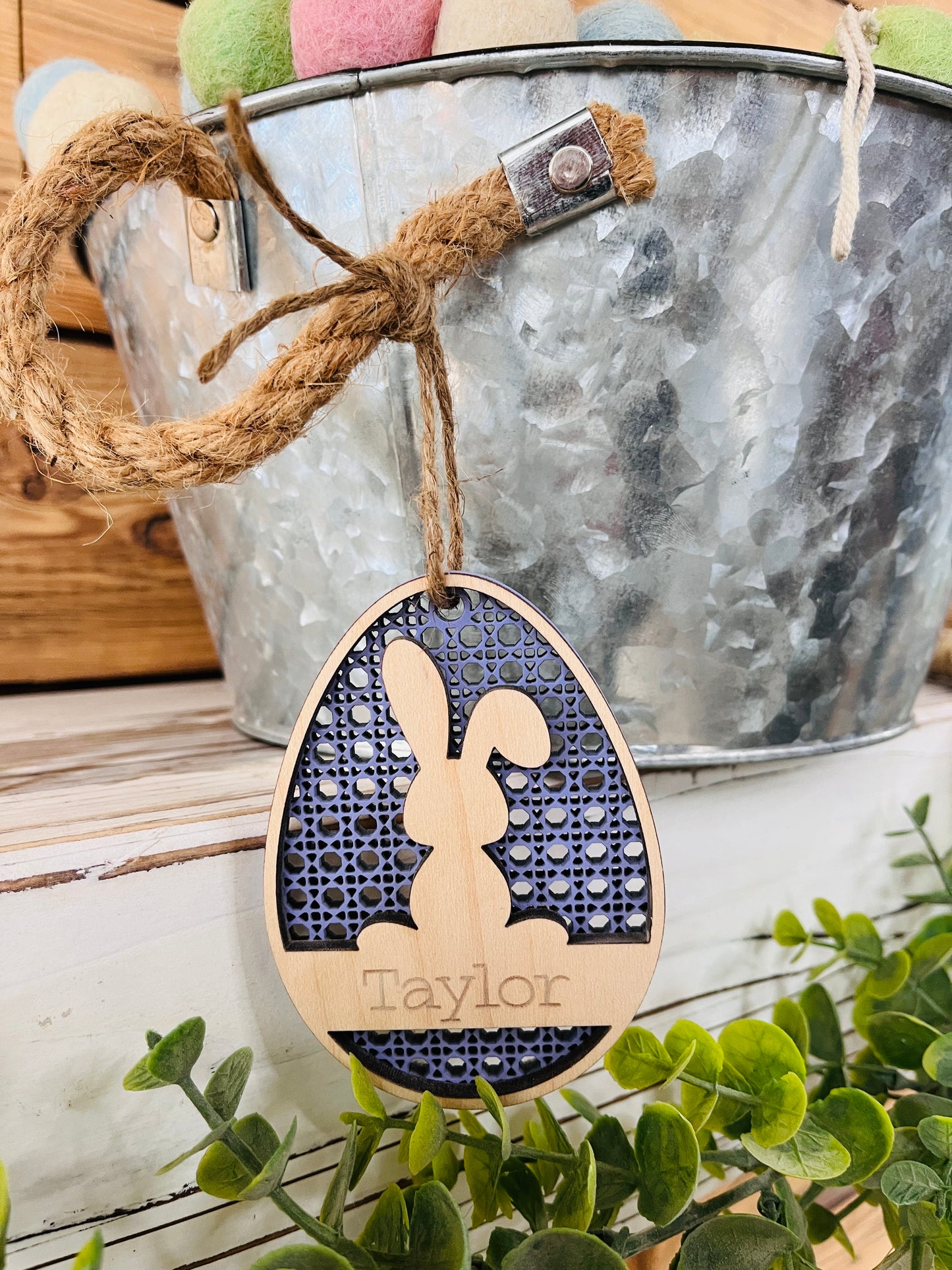 Easter Basket Name Tag | Personalized Wood Easter Rattan Design | Engraved Name Tag