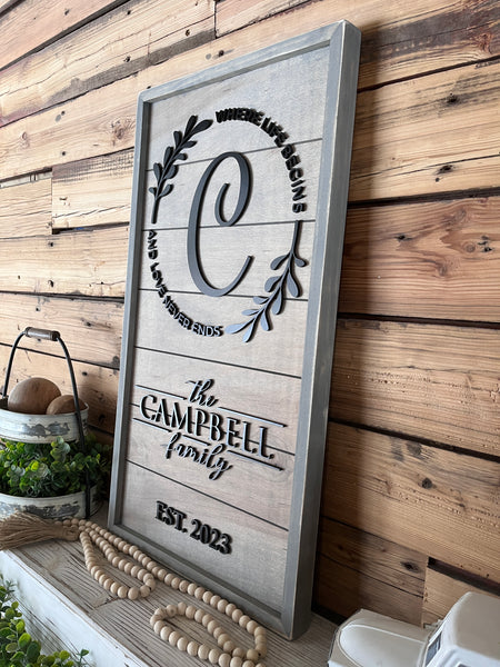 Personalized Raised Lettering Last Name Sign on Shiplap | Where Life Begins and Love Never Ends