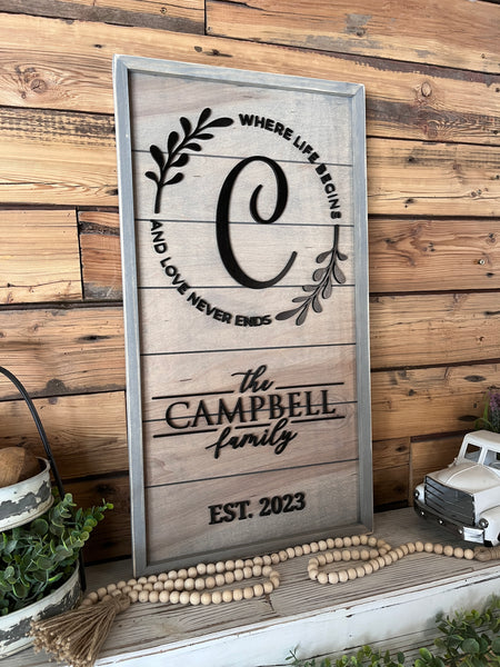 Personalized Raised Lettering Last Name Sign on Shiplap | Where Life Begins and Love Never Ends