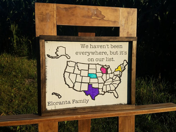 Personalized Colorable Wooden USA Travel Tracker Map with Family Name