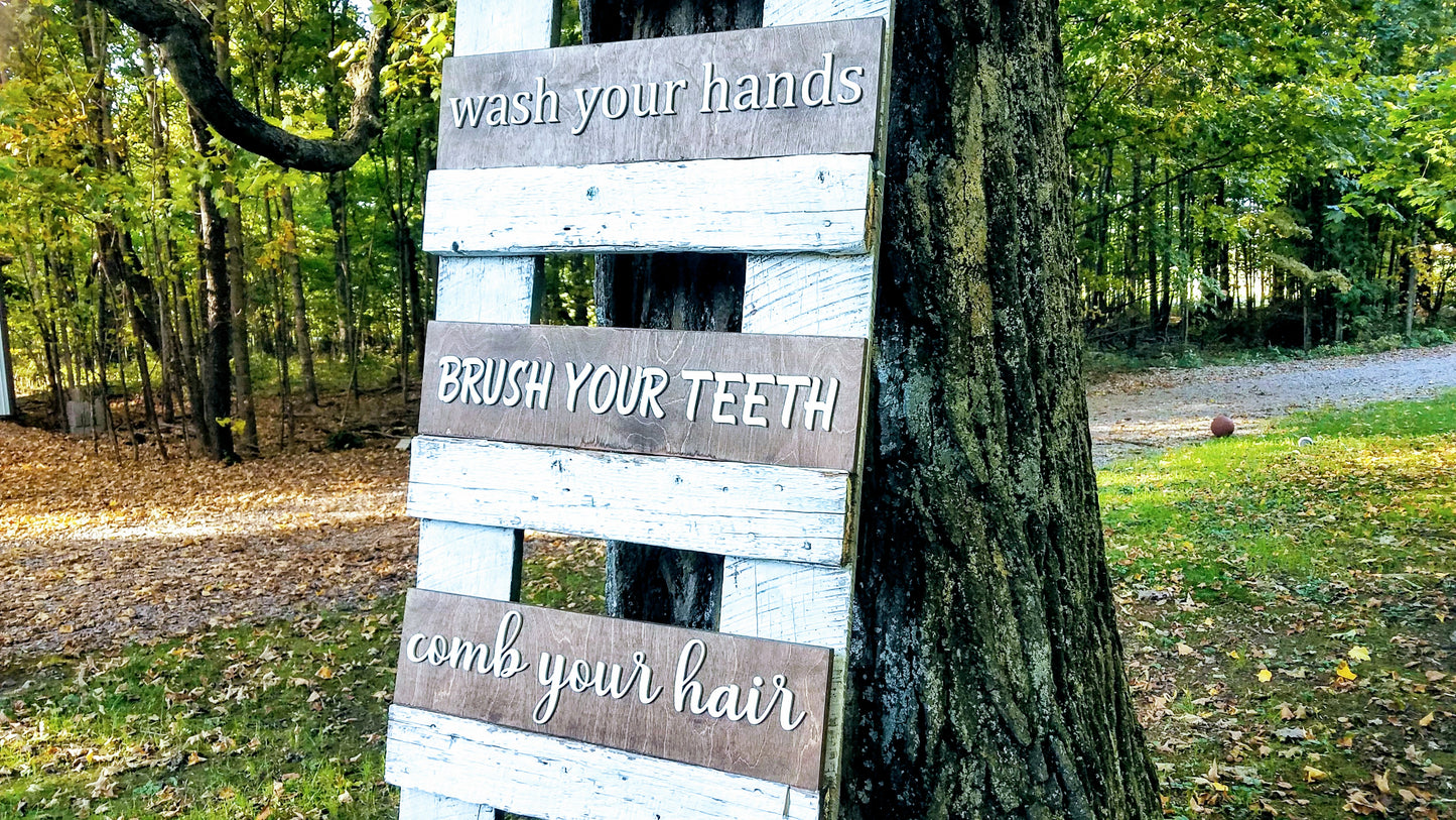 Wash - Brush - Comb Signs | 3 Piece Bathroom Set
