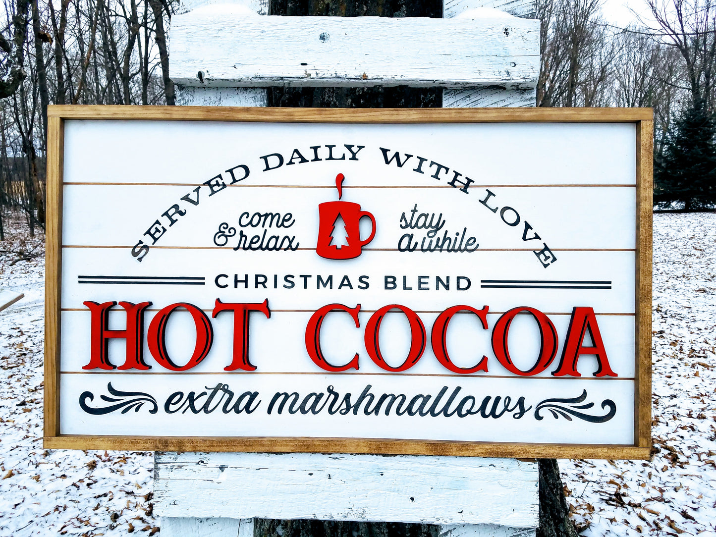 Winter Holiday Farmhouse Sign | Hot Cocoa Served Daily with Raised Lettering and Shiplap