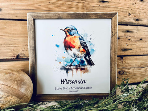 Wisconsin State Bird Sign - Watercolor American Robin Print - Wood Framed Wall Art - Home Decor Gift