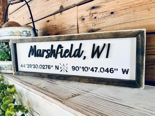 Custom City Coordinate Sign | Personalized Latitude & Longitude Sign | Raised Lettering & UV Printed Coordinates | Framed Wooden Sign | Farmhouse Home Decor