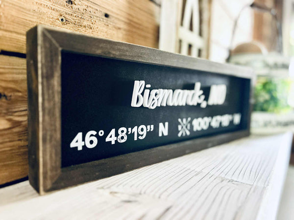 Custom City Coordinate Sign | Personalized Latitude & Longitude Sign | Raised Lettering & UV Printed Coordinates | Framed Wooden Sign | Farmhouse Home Decor