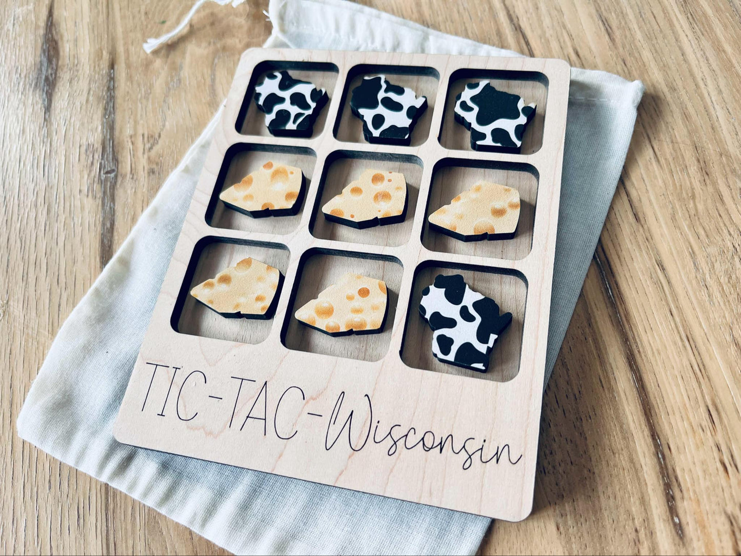 Fun Wisconsin Tic Tac Toe Travel Game – Laser Cut Wood with Cheese & Cow Print Pieces