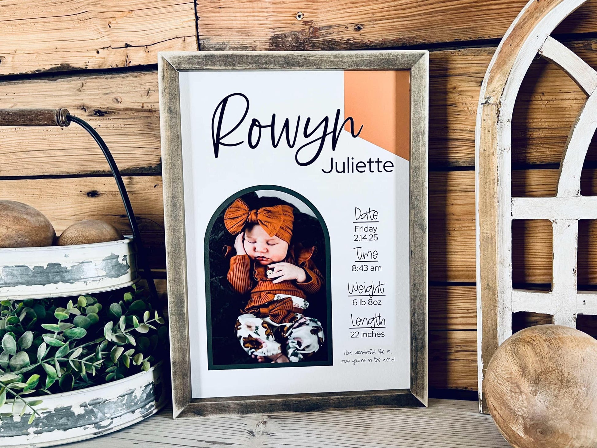 Framed 12x16 newborn photo printed on wood with birth statistics