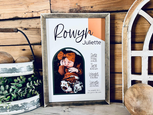 Framed 12x16 newborn photo printed on wood with birth statistics