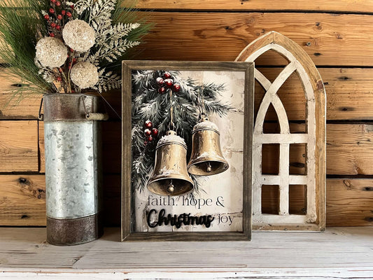Faith, Hope & Christmas Joy Bells Sign | Rustic Christmas Wall Decor