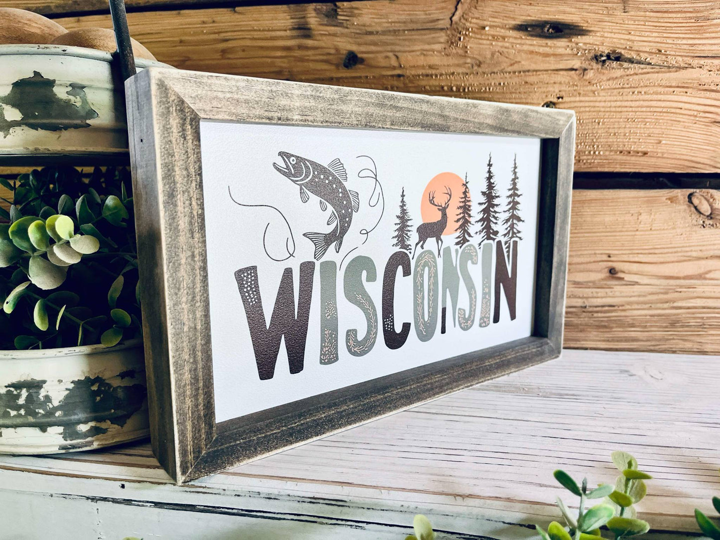 Wisconsin Farmhouse Framed Wood Sign – Deer, Fish & Pine Tree Design – Cabin Wall Art, Lake House Decor, Nature Lover Gift