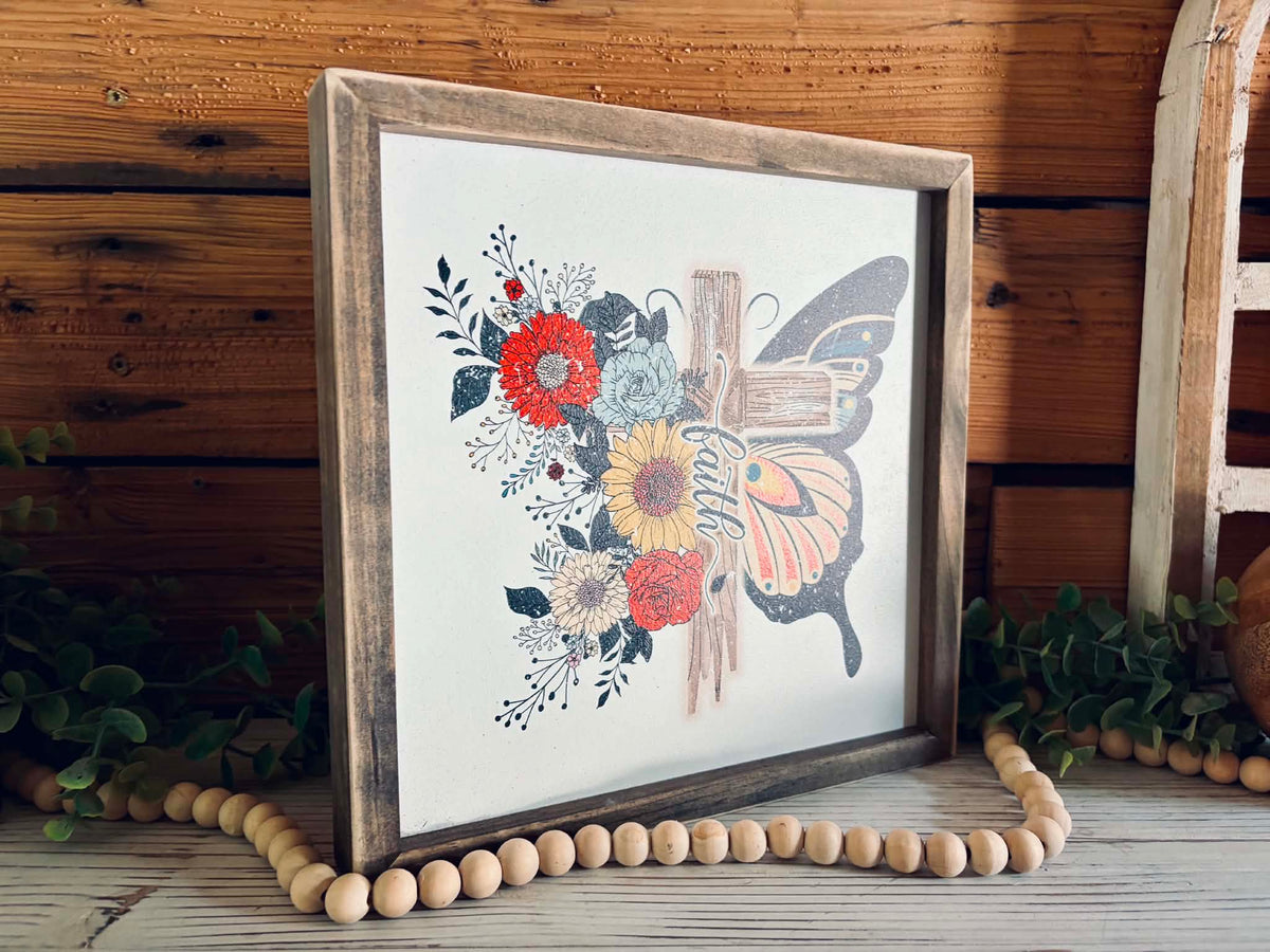 Faith Butterfly Cross Sign | Floral Christian Framed Wood Decor