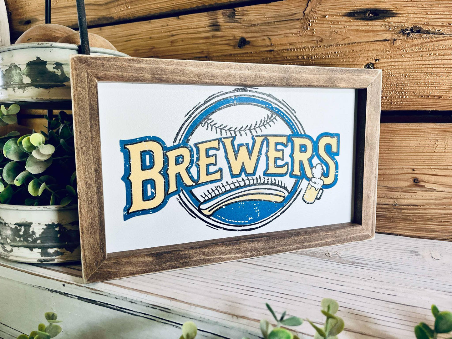 Farmhouse Baseball Wall Art – ‘Brewers’ Sign with Beer Mug and Bat Design, Framed Sports Decor for Man Cave or Game Room, Wisconsin Fan Gift