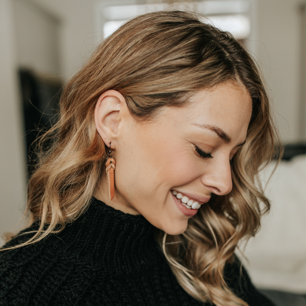 Handcrafted Full-Grain Leather Braided Earrings: Natural