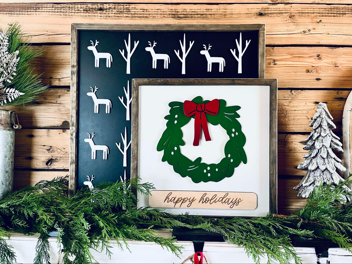 Christmas Wreath Sign | Farmhouse Winter Sign | Happy Holidays Framed Sign