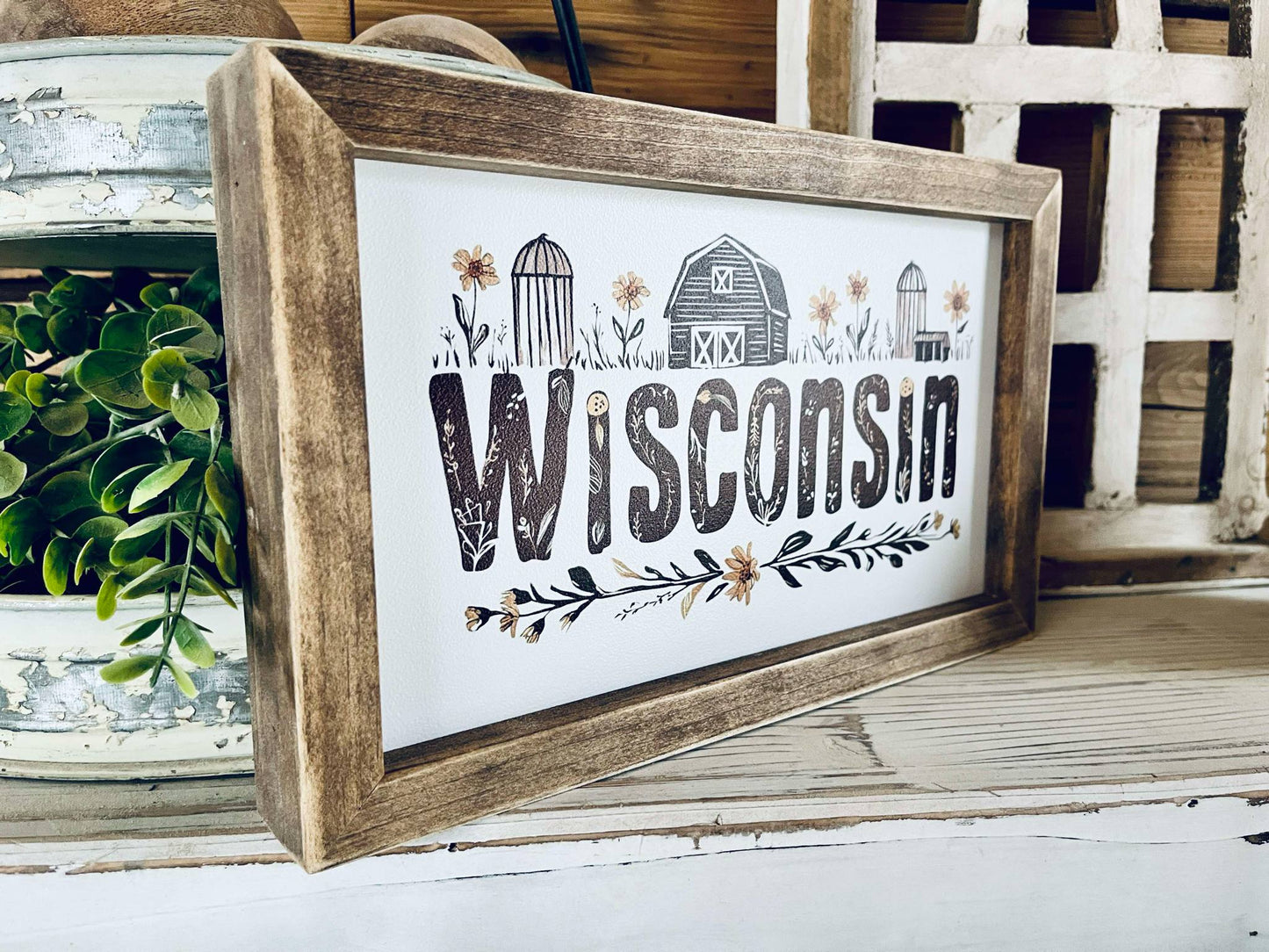 Wisconsin Farmhouse Sign with Flowers | Framed Barn & Silo Wood Wall Art | Country Home Decor | Printed Wisconsin State Sign