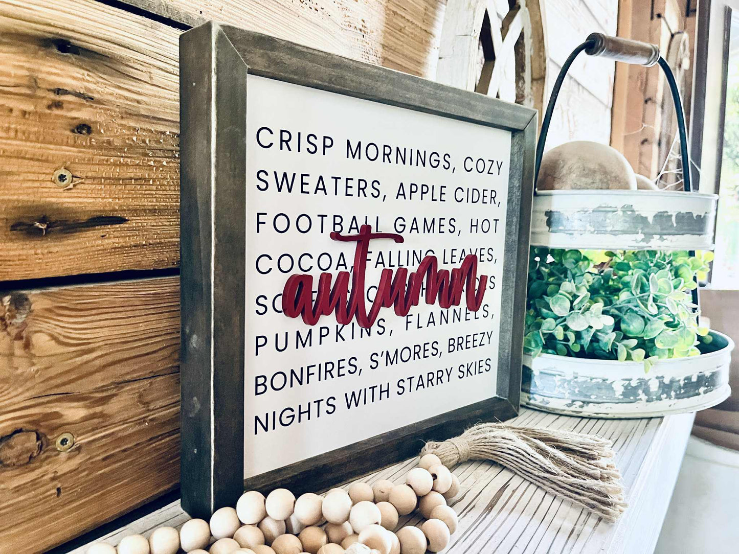 Autumn Farmhouse Sign – Raised Lettering Fall Décor with Cozy Word Collage