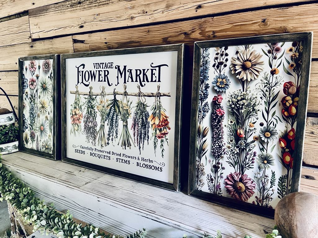 Vintage Flower Market Sign Set – Wildflower Wall Art – Botanical Framed Prints – Garden-Inspired Farmhouse Decor – UV Printed Wood Signs