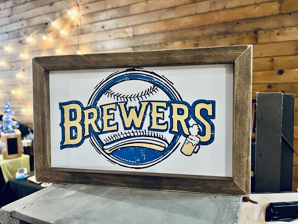 Farmhouse Baseball Wall Art – ‘Brewers’ Sign with Beer Mug and Bat Design, Framed Sports Decor for Man Cave or Game Room, Wisconsin Fan Gift