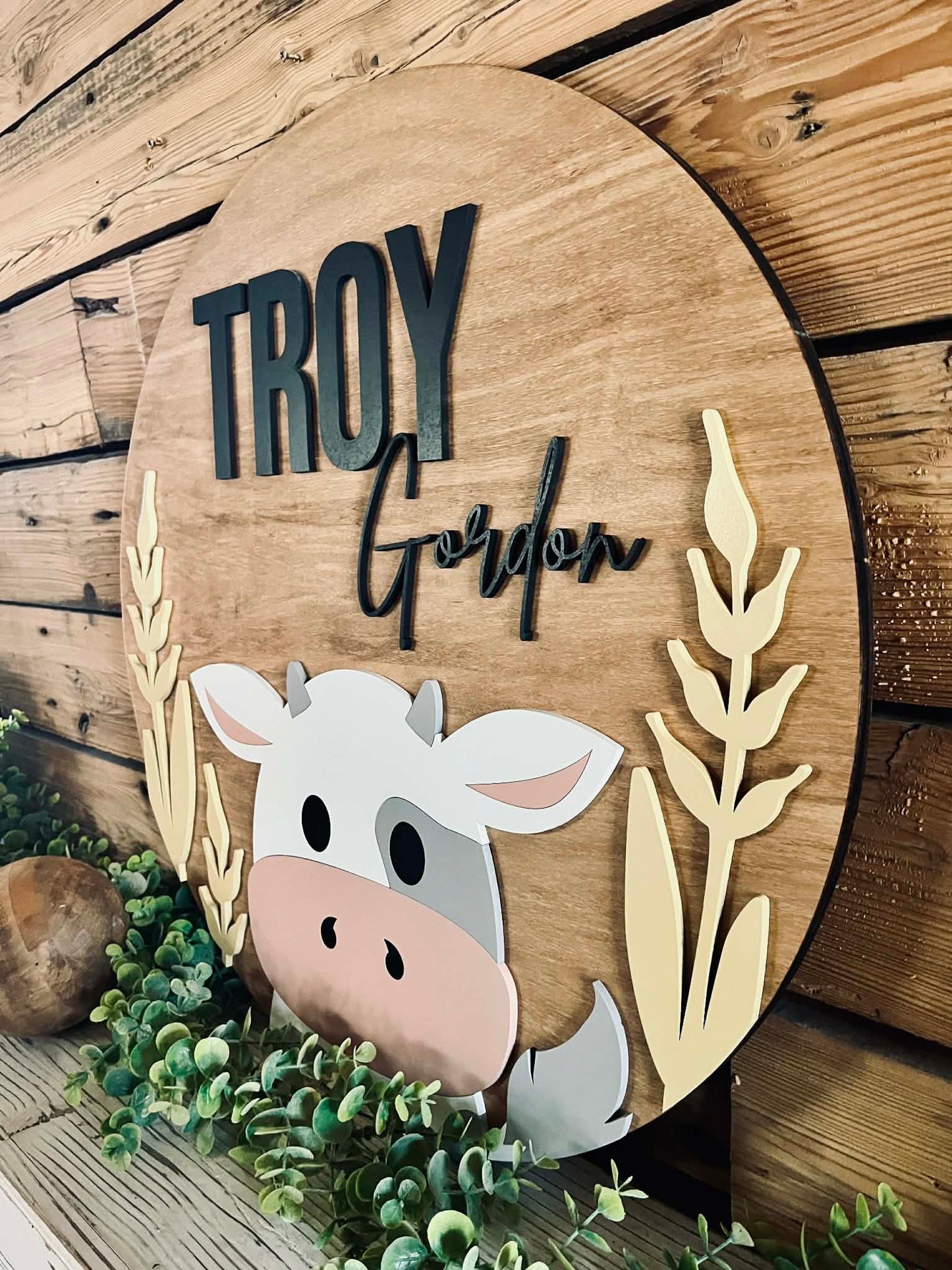 Personalized Cow Nursery Name Sign – Round Wood Wall Decor