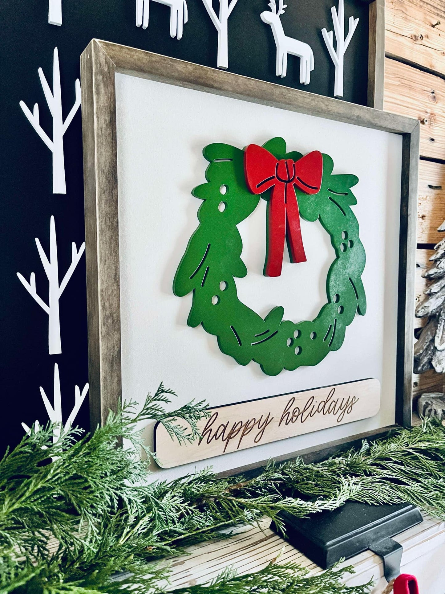 Christmas Wreath Sign | Farmhouse Winter Sign | Happy Holidays Framed Sign