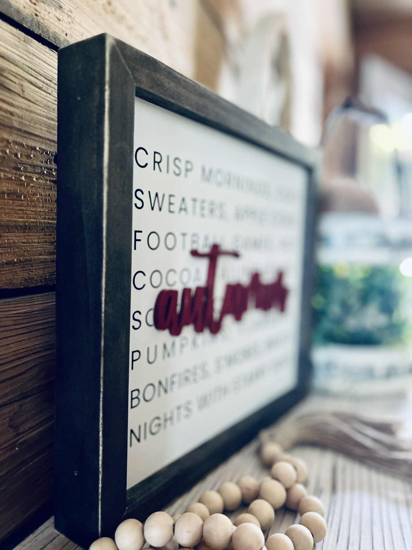 Autumn Farmhouse Sign – Raised Lettering Fall Décor with Cozy Word Collage